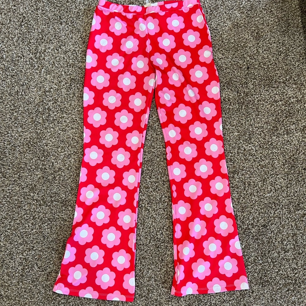 70s 80s Y2K floral pants. Size L. Stretchy Stylish Spandex Lycra fabric. Retro